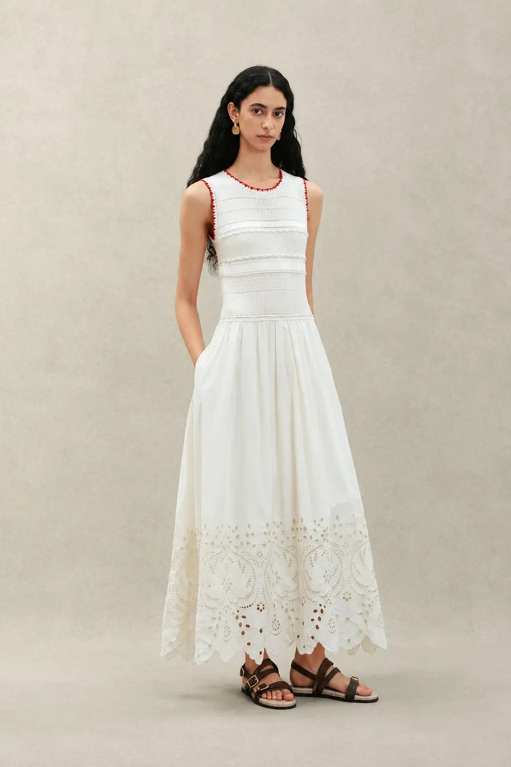 Charlie Mix Media Hand-Embroidered Trim Dress in Cotton-Cashmere and C | Fabrique