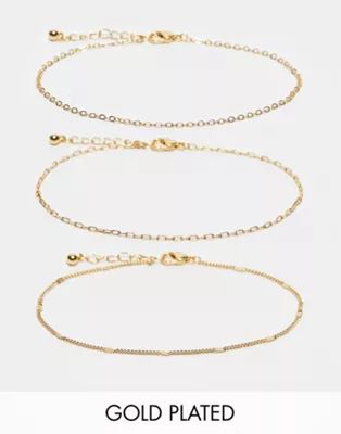 ASOS DESIGN 14k gold plated pack of 3 anklets with mixed chain design | ASOS | ASOS (Global)