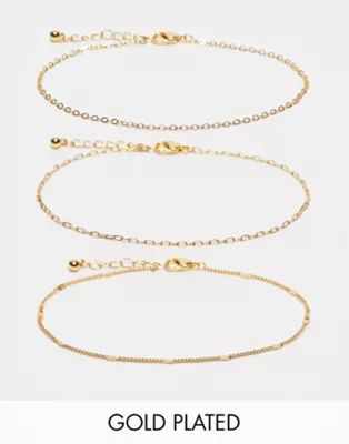 ASOS DESIGN 14k gold plated pack of 3 anklets with mixed chain design | ASOS | ASOS (Global)