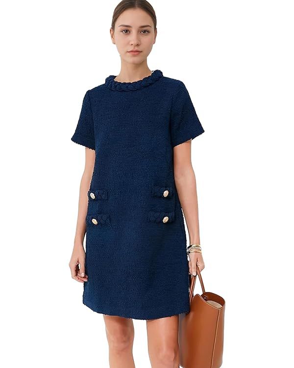 Womens Tweed Jackie Dress Elegant Crew Neck Short Sleeve Button Bodycon Mini Dress | Amazon (US)