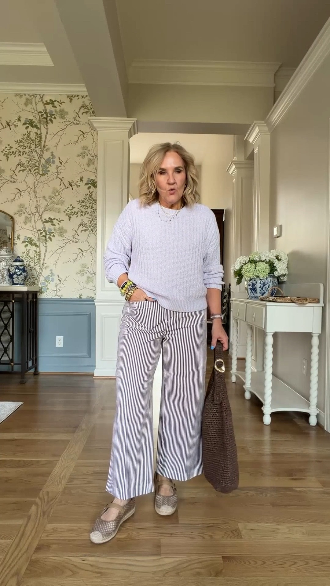  Lilac & brown! 
Pants size 29 petite
Sweater size medium 
20% off code NANETTE20 on the bracelet stack 

 

#LTKOver40 #LTKPetite #LTKSaleAlert