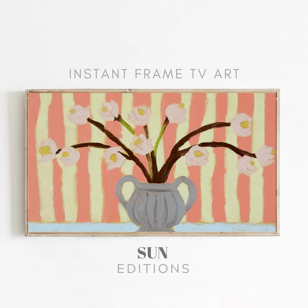 Flowers on Trendy Vase Striped Wall Frame TV Art - Retro Floral TV Art, Botanical TV Art, Vase Ar... | Etsy (US)