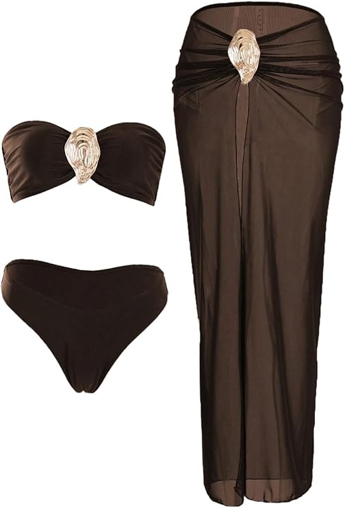 GORGLITTER Women's Strapless Bandeau Swimsuits High Waisted Bikini Sets with Beach Sarong Coverup... | Amazon (US)