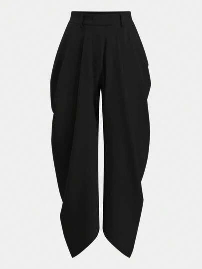 UREREM Women's Pleated Solid Color Casual Pants, Fashionable & Minimalist, Spring/Summer, Woven High-Density Matte Fabric 120G, Niche Design, Slimming Effect, Premium Quality Black | SHEIN