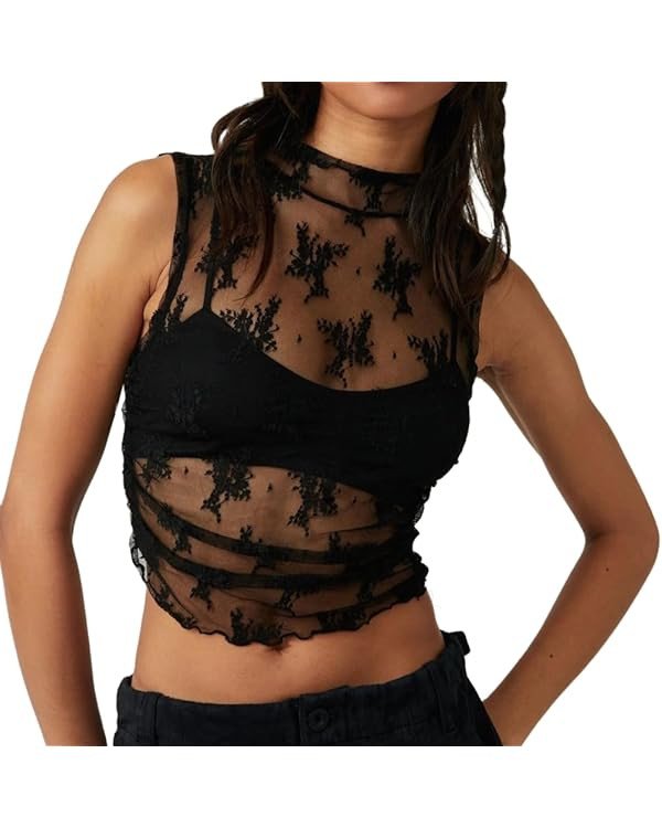 LOFAAC Women Floral Lace Sheer Mesh Crop Tank Top Mock Neck Sleeveless See Through Ruched Side La... | Amazon (US)
