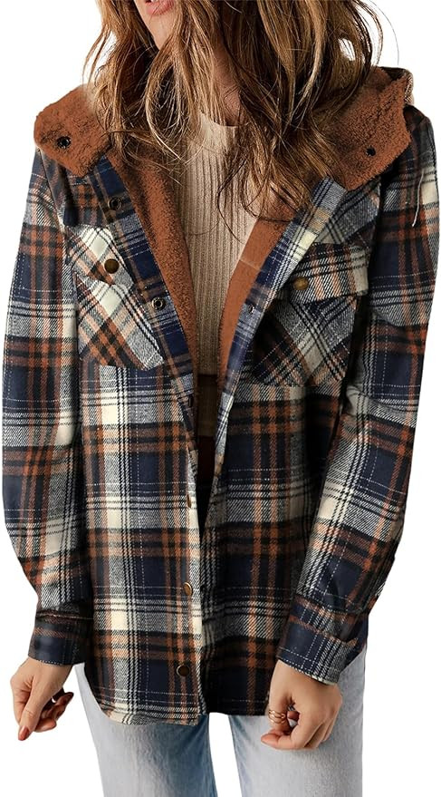 Dokotoo Womens Plaid Shacket Jacket Long Sleeve Button Down Fleece Hooded Jackets Warm Coat | Amazon (US)