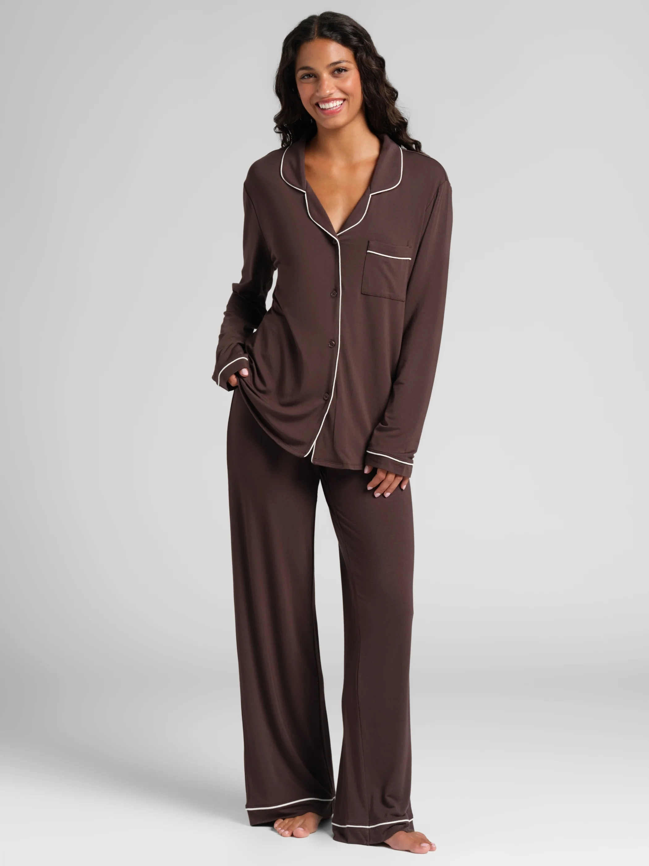 Comfrt Luna Lounge Long Sleeve Pant PJ Set - Espresso / XS | Shop.app