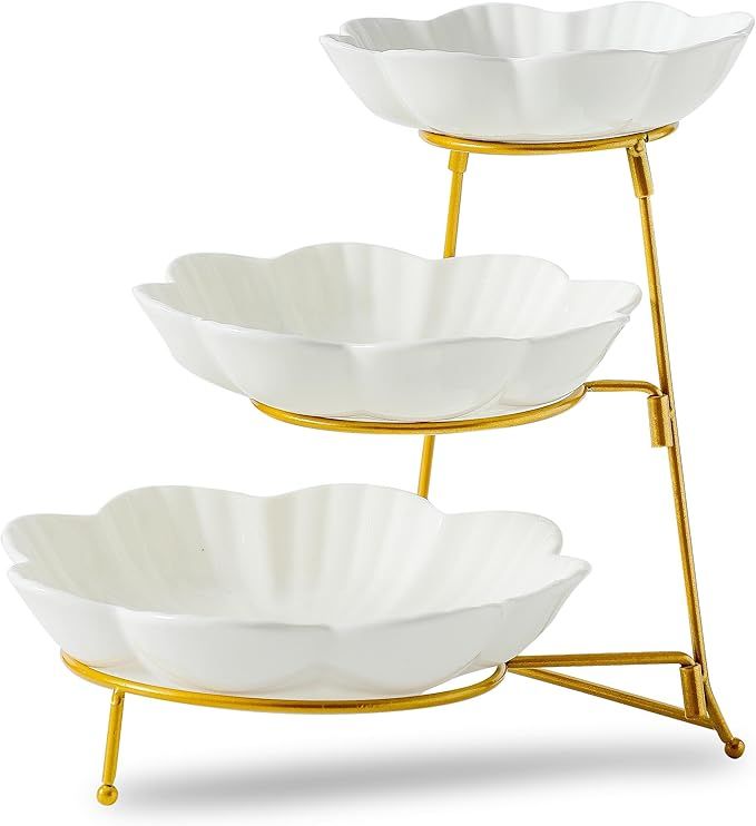 3 Tier Serving Stand with Porcelain Serving Platter, 3 Tier Serving Trays with Collapsible Rack, ... | Amazon (US)