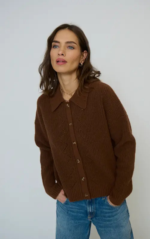 Central Park West Olivia Pointelle Polo in Chocolate at Nordstrom, Size Medium | Nordstrom