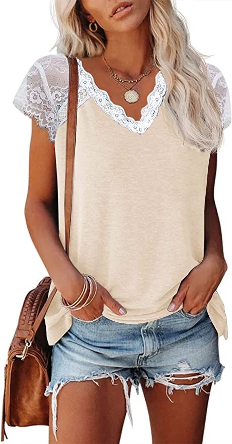 KINLONSAIR Women's Lace Basic V-Neck T-Shirts Short Sleeve Loose Fitting Tunic Tank Tops | Amazon (US)