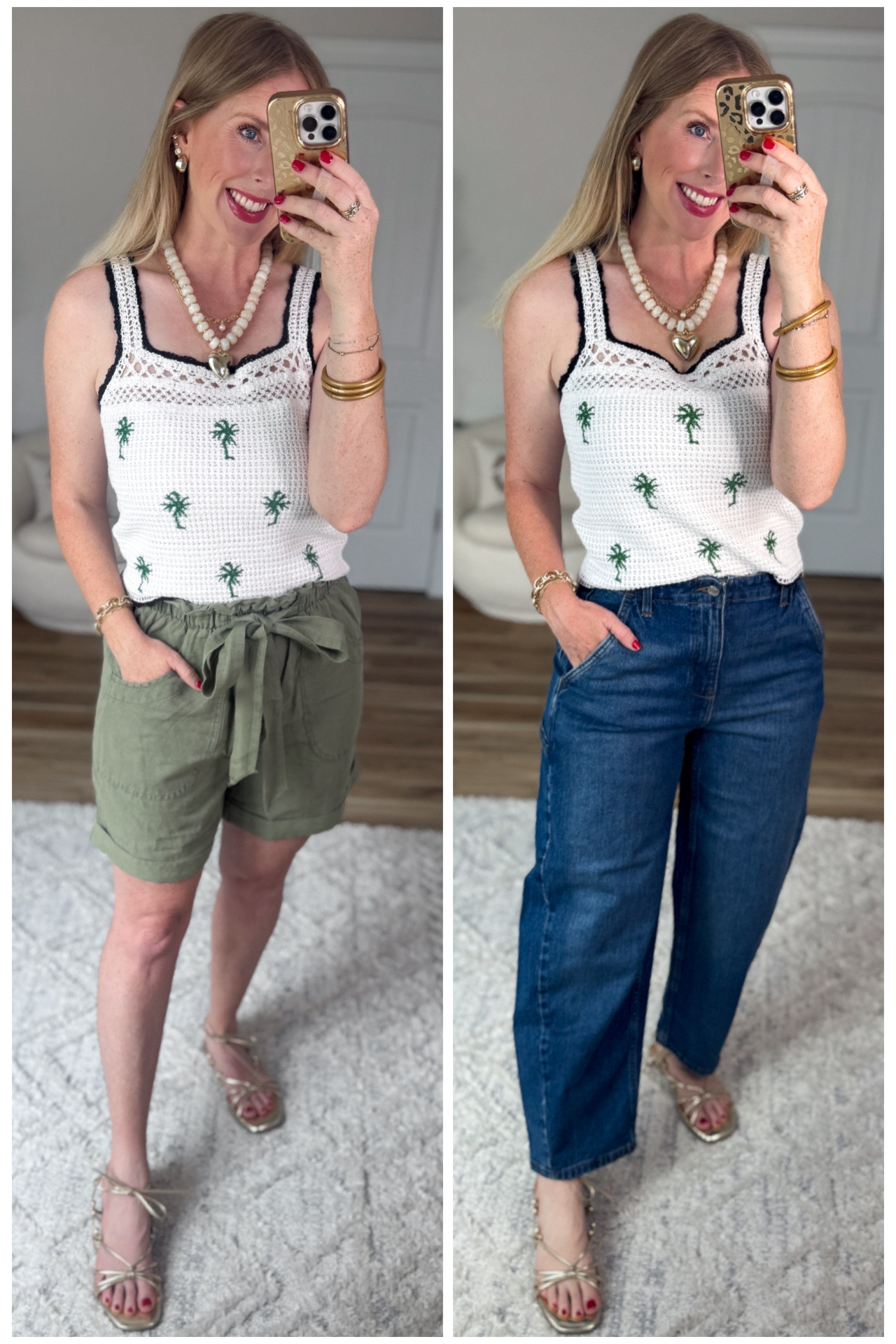 Two ways to style this palm print square neck tank from Walmart! ￼

#LTKootd #LTKmomlife