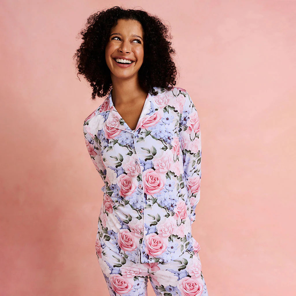 Floral Blue Long Sleeve Marion Women's Luxe Pajama Pant Set | Posh Peanut® | Posh Peanut