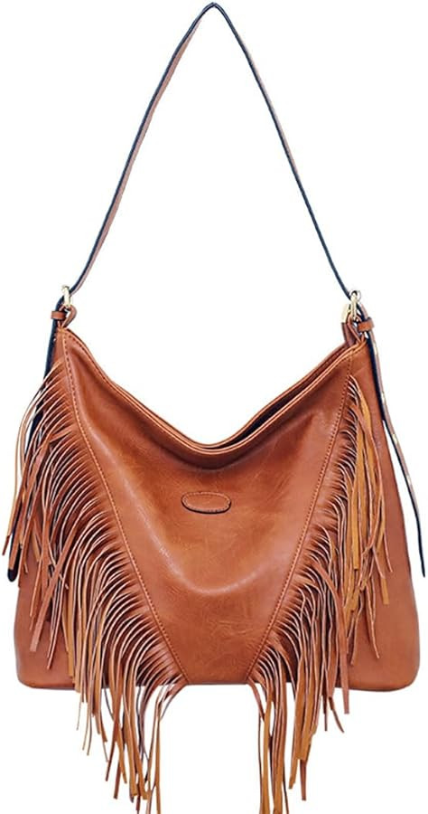 PU Leather Fringe Hobo Bag Large Studded Handbag Crossbody Bag for Women | Amazon (US)
