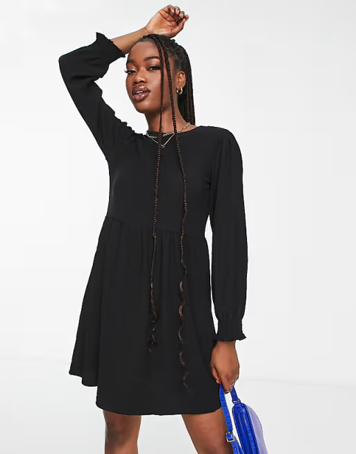 New Look long sleeve mini jersey smock dress in black | ASOS (Global)