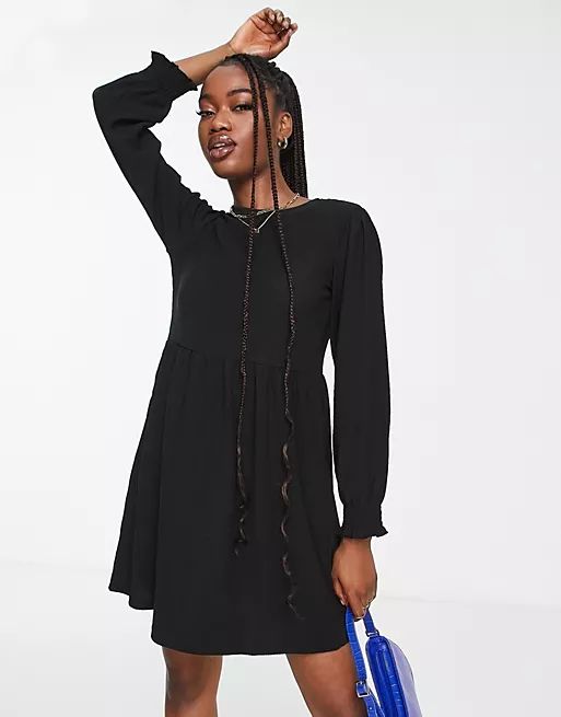 New Look long sleeve mini jersey smock dress in black | ASOS (Global)