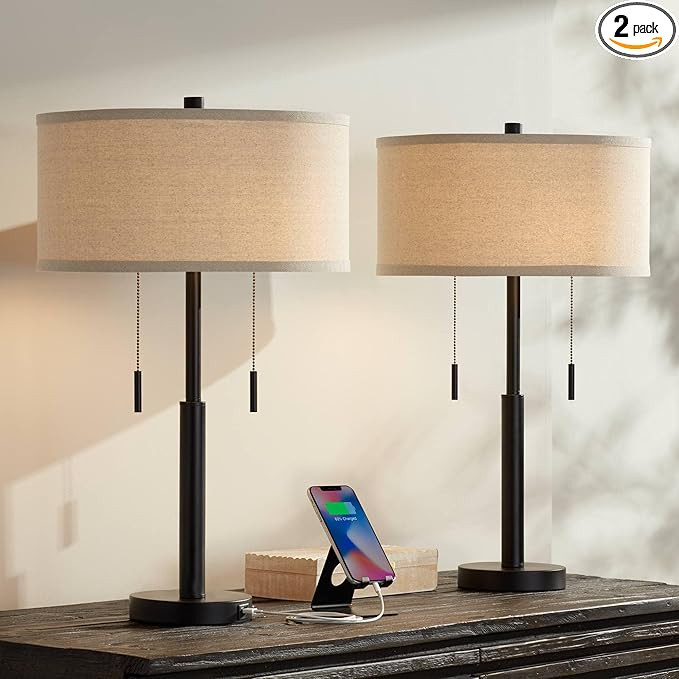 Franklin Iron Works Bernie Industrial Nightstand Table Lamp 25" High Set of 2 with Hotel Style US... | Amazon (US)