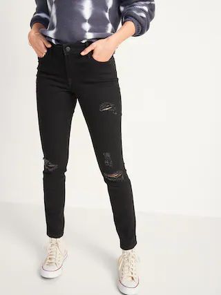 Mid-Rise Pop Icon Skinny Black Ripped Jeans for Women | Old Navy (US)