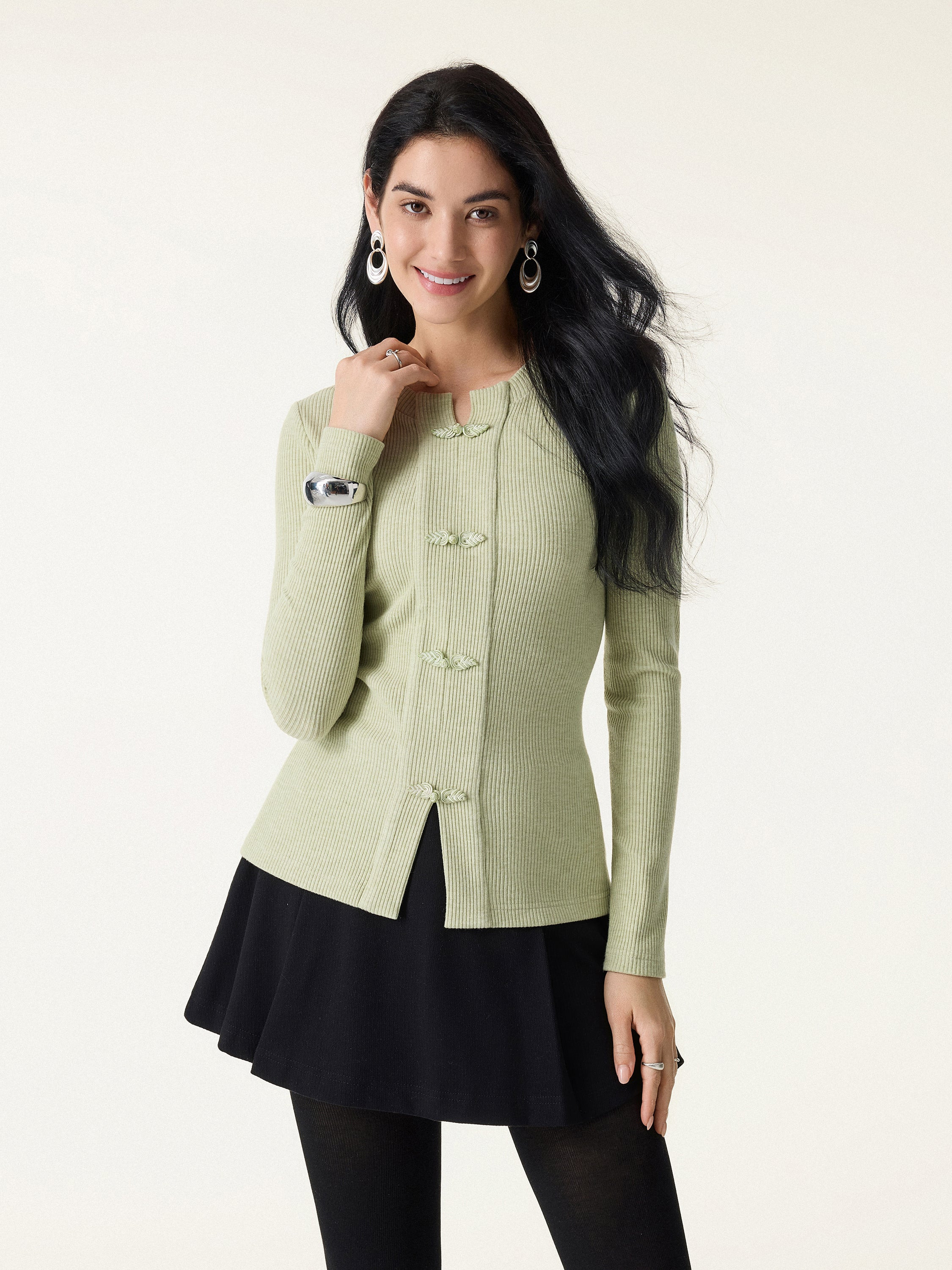 Ribbed Frog Button Round Neck Long Sleeve Top | OGLmove