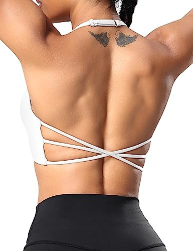 YEOREO Women's Sports Bra Halter Workout Sports Bra Strappy Criss Cross Back Bra Removable Padded Yoga Crop Top White M | Amazon (US)