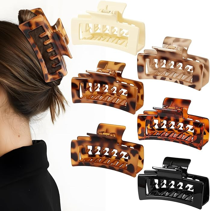 6 PCS 4.1 Inch Large Claw Clips for Thick Hair, Double Layer Teeth Tortoise Shell Rectangle Hair ... | Amazon (US)