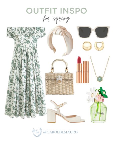 Wear this elegant off shoulder midi dress on your next brunch date this spring! Pair it with a white headband, rattan handbag, and slingback heels!
#springfashion #outfitidea #resortwear #transitionalstyle

#LTKSeasonal #LTKitbag #LTKstyletip
