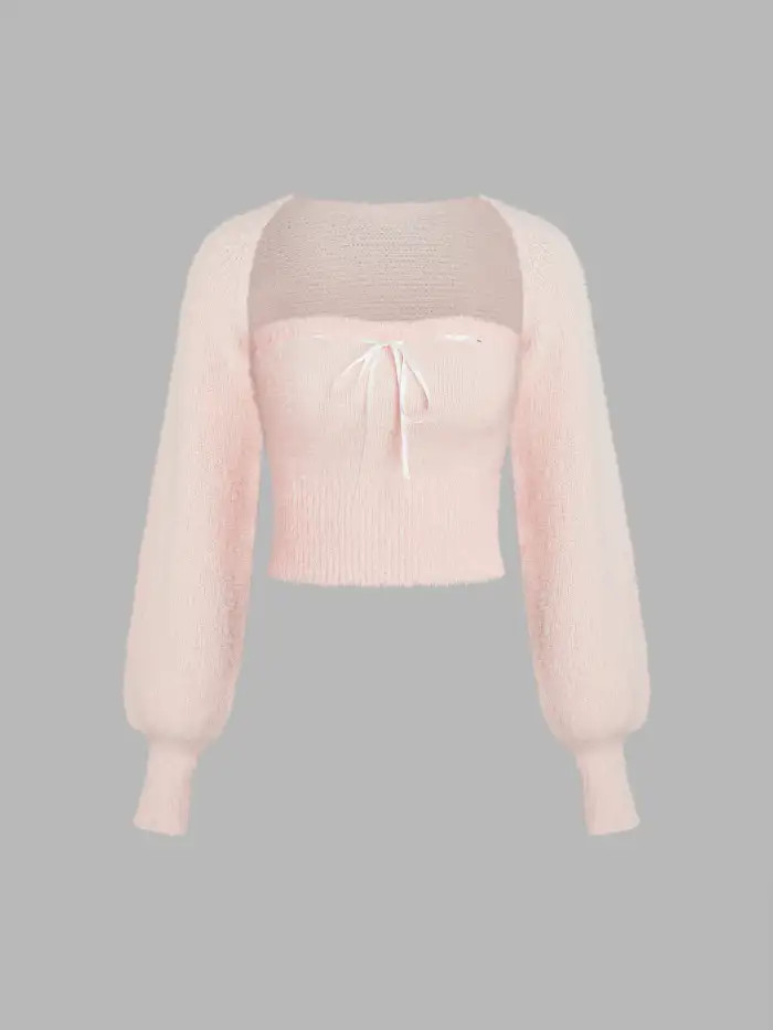 Knit Bowknot Tube Top With Long Sleeve Crop Shrug | Cider