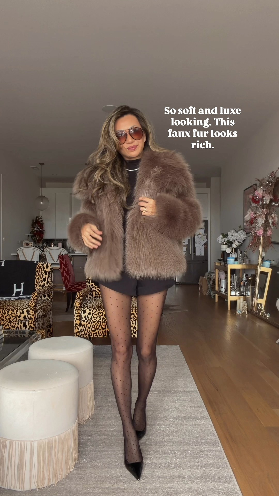 Faux fur Zara XS, Amazon bodysuit, nylons, and sunglasses. Revolve shorts  

#LTKOver40 #LTKStyleTip #LTKHoliday