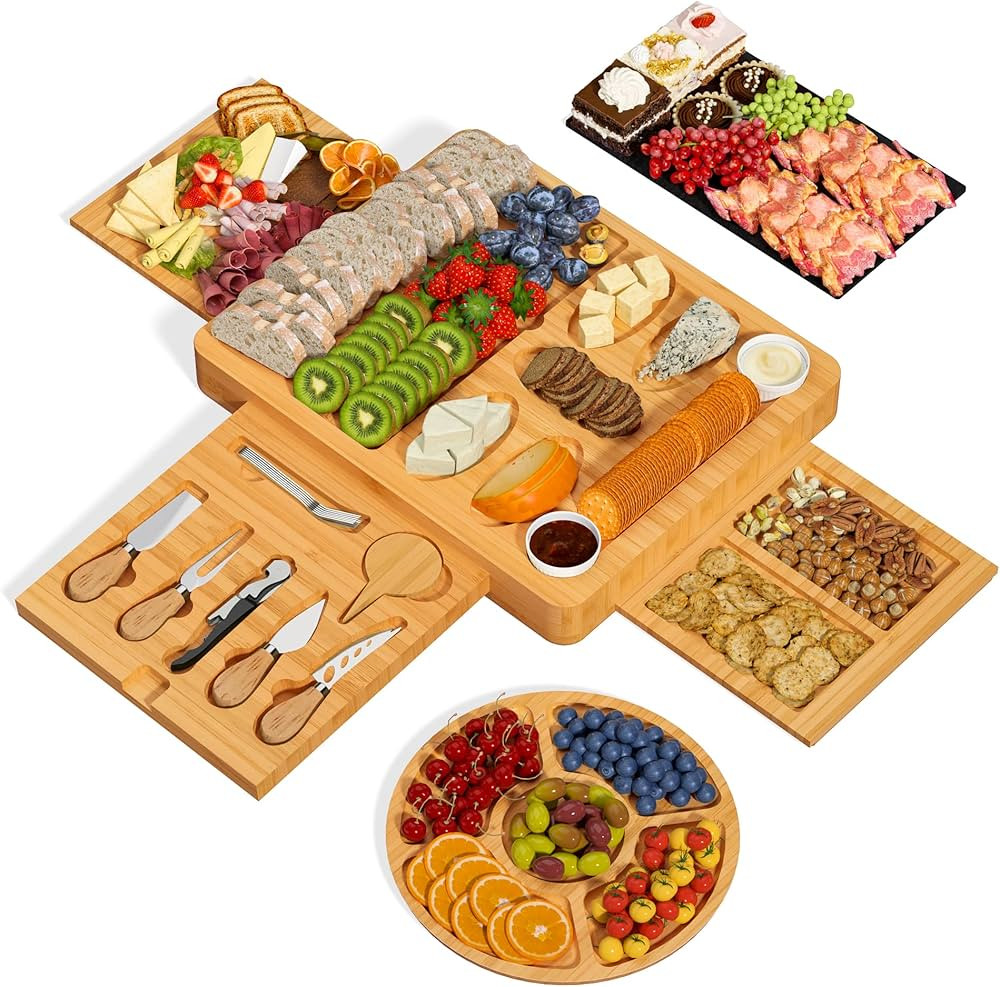 Charcuterie Cheese Board and Knife Set - 15.7" Large Tray Bamboo Cheese Platter for Wine and Chee... | Amazon (US)