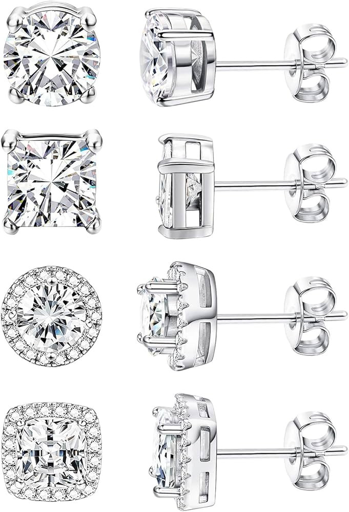 4 Pairs Cubic Zirconia Sterling Silver Stud Earrings for Women Girls,14K Small Gold Plated Tiny S... | Amazon (US)