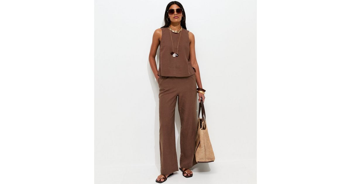 Women's Dark Brown Linen Blend Wide Leg Trousers New Look | New Look (UK)