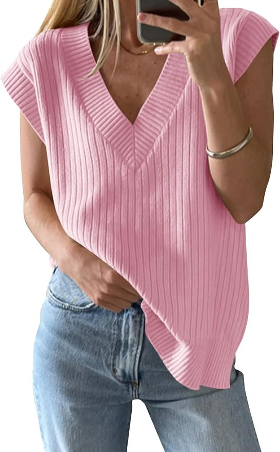 Saodimallsu Womens V Neck Sweater Vest Oversized Ribbed Knit Sleeveless Casual Loose Fit Pullover... | Amazon (US)