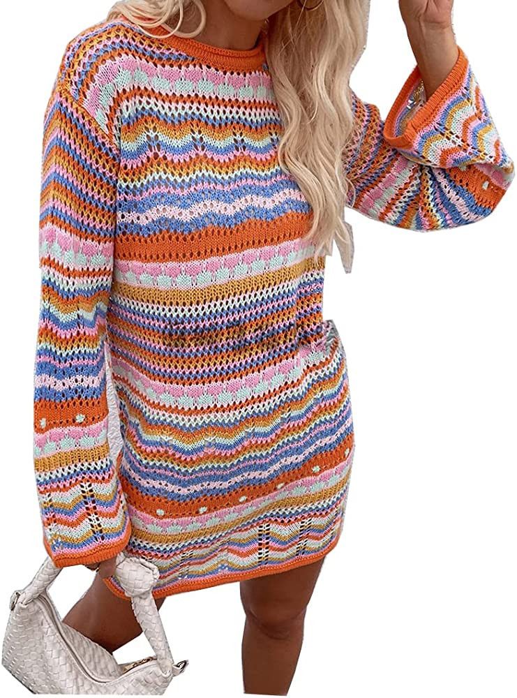 Rainbow Striped Long Sleeve Loose Crochet Striped Hollow Out Mini Casual Sweater Dress Women Swea... | Amazon (US)