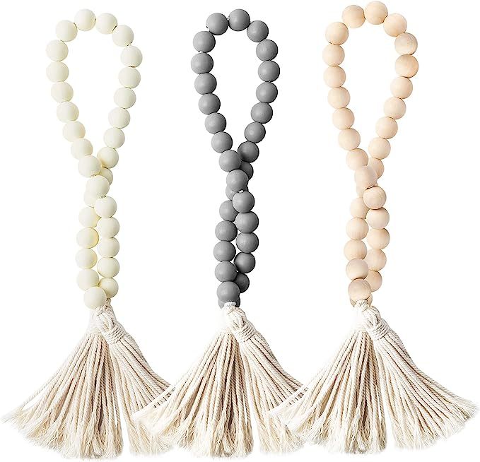 3 Pcs Classic Wood Beads Tassel, 27 Inch White & Beige & Gray Wood Bead Garland Farmhouse Rustic ... | Amazon (US)