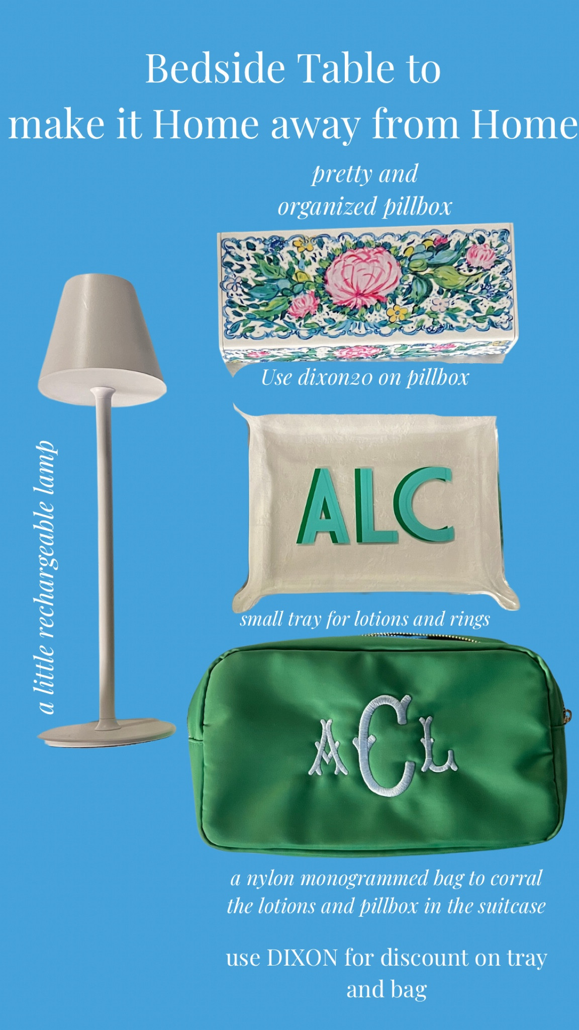 The pillbox is by Chronically Chic. Linking these other items here for you to create the perfect bedside table away from home  

#LTKhome