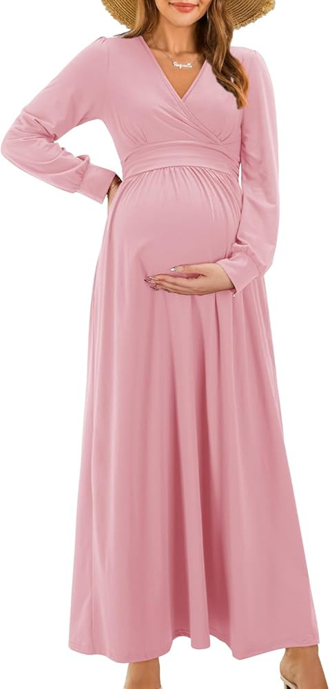OUGES Maternity Maxi Dress Wrap V Neck Baby Shower Pregnancy Dresses for Photoshoot | Amazon (US)