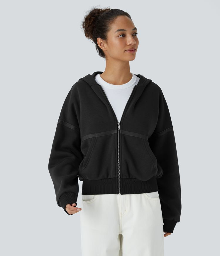 Women’s Hooded Dropped Shoulder Side Pocket Zipper Relaxed Fleece Casual Sweatshirt - Halara | HALARA