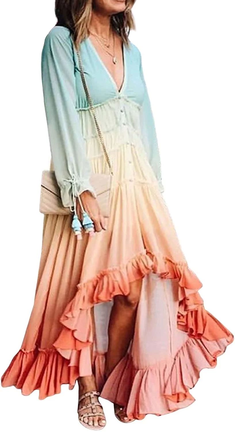 PIKADINGNIS Women's Casual Tie Dye Ruffle Swing Beach Dress Long Sleeve Hi Low Flowy Maxi Dress | Walmart (US)
