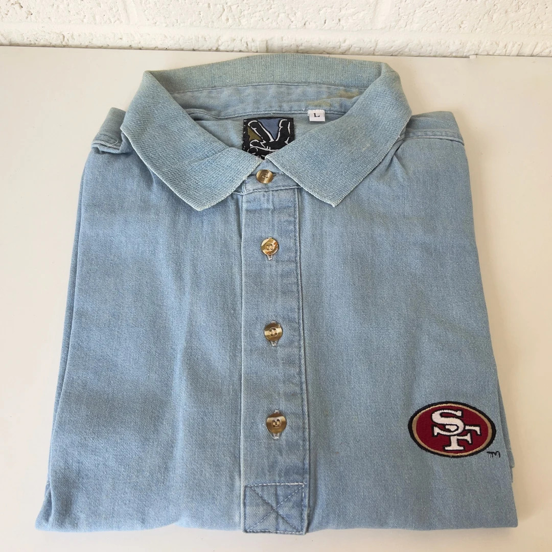 Vintage San Francisco 49ers NFL Football Chambray Style Casual Blue Denim Short Sleeve Polo Mens ... | Etsy (US)