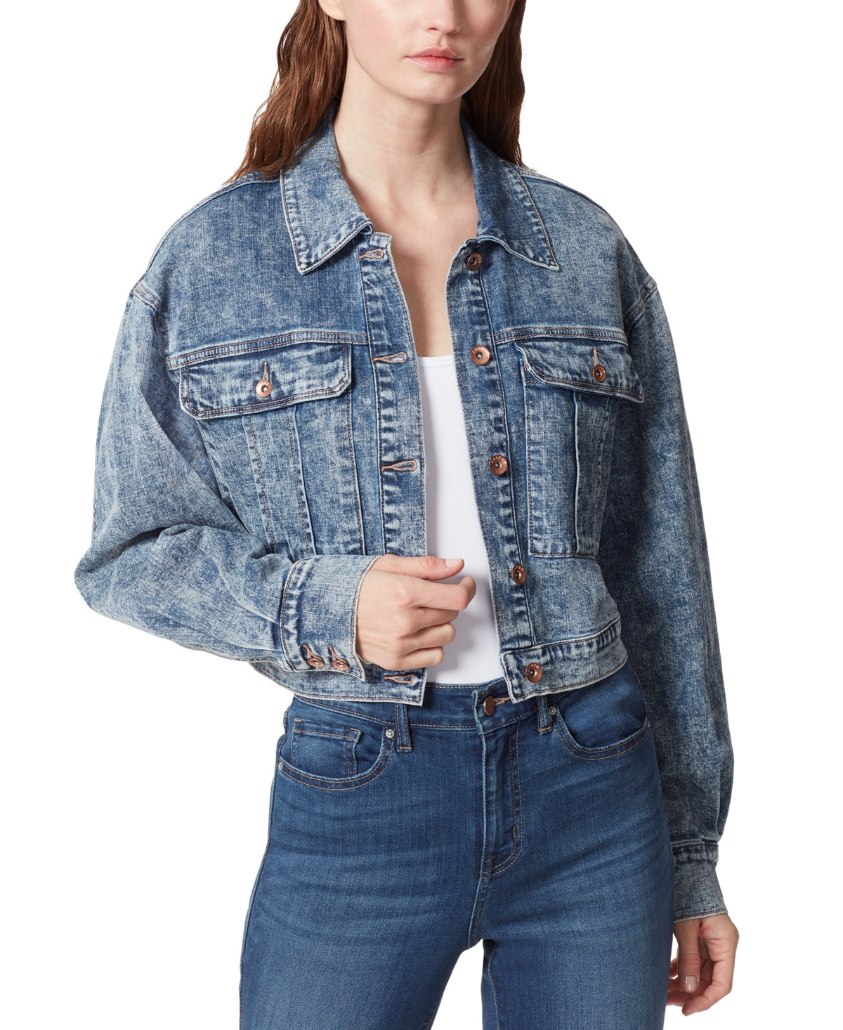 Frayed Denim Pleated Cropped Denim Jacket | Macys (US)