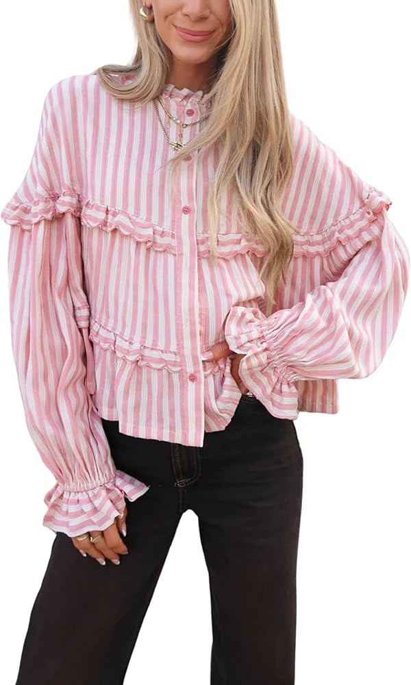 Tanming Womens Striped Button Down Shirts Ruffled Long Sleeve Stand Collar Shirt Dressy Casual Bl... | Amazon (US)