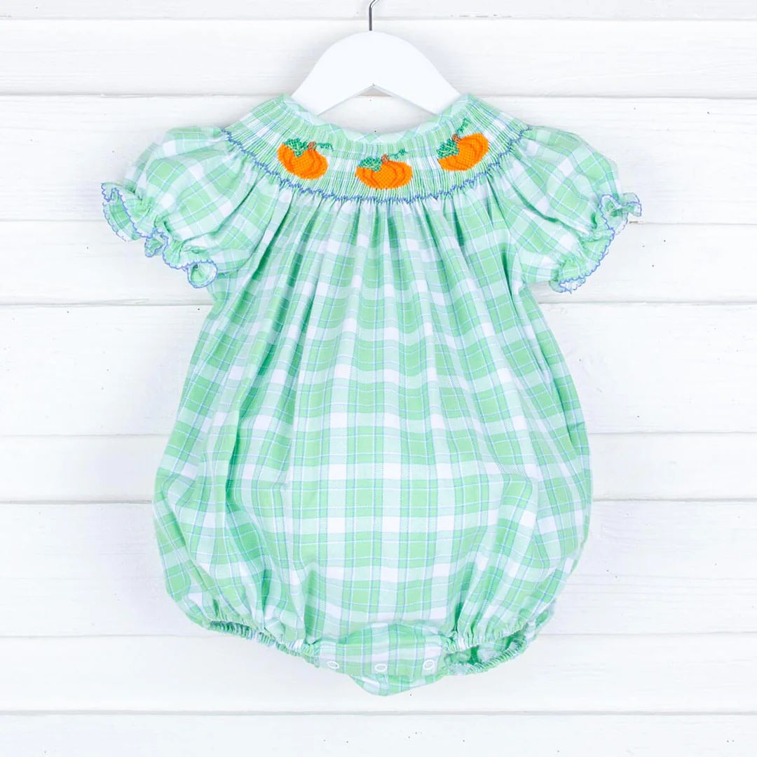 Green Plaid Pumpkins Smocked Bubble | Classic Whimsy