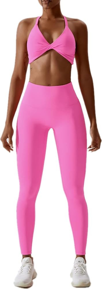 ABOCIW Workout Sets for Women Twist Front Halter Sports Bras High Waist Legging 2 Piece Exercise ... | Amazon (US)