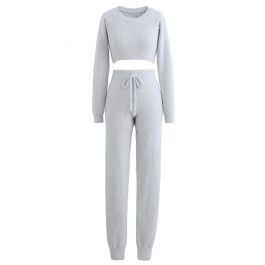 Fluffy Knit Crop Top and Drawstring Joggers Set in Light Blue | Chicwish