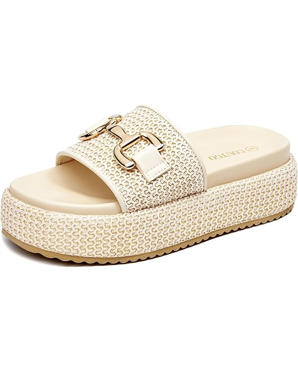 Coutgo Womens Platform Sandals Raffia Espadrilles Metal Chain Slip on Open Toe Cute Beach Slide S... | Amazon (US)