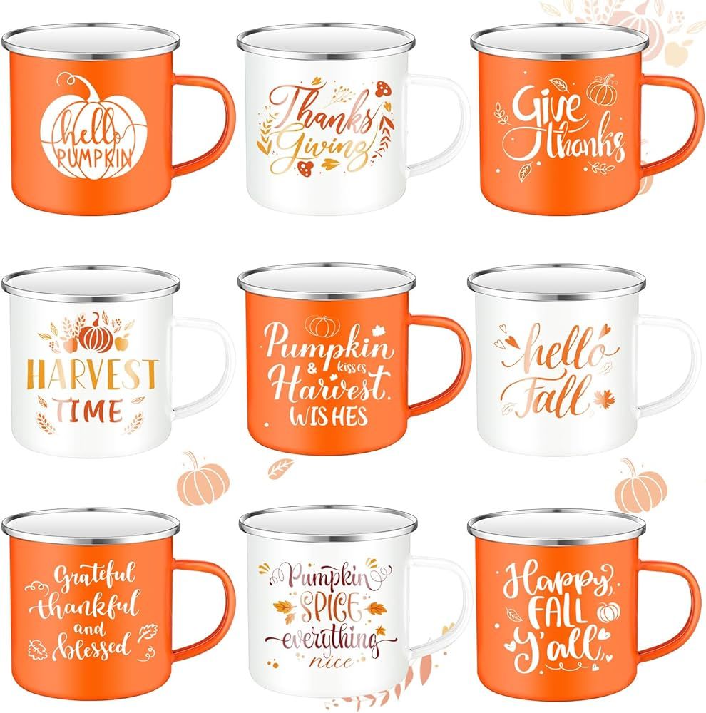 Suttmin Fall Coffee Mugs Thanksgiving Enamel Mug Pumpkin Autumn Cup Hello Fall Give Thanks Sign 1... | Amazon (US)