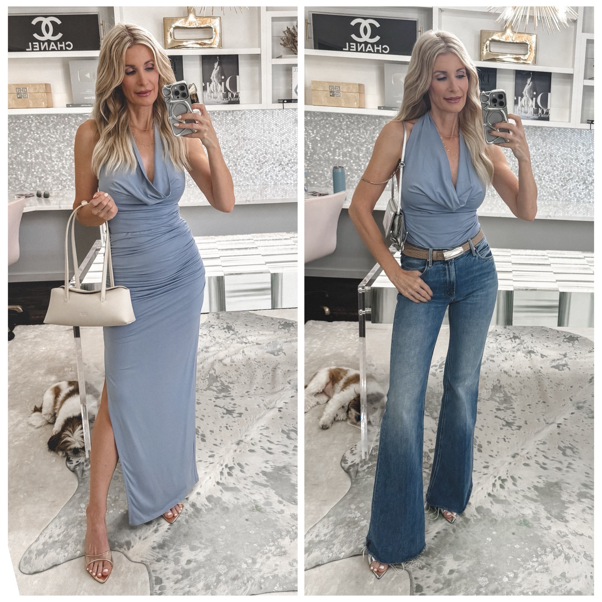 This blue halter top is SO flattering and easy to style two ways—wear it with the matching skirt for a chic summer set or pair it with flare jeans for an elevated casual outfit. Such a versatile summer top for date night, vacation, or girls’ night out. I’m wearing an XS in the top and skirt and size 24 in the jeans. #SummerTop #HalterTop #SummerStyle #LTKOver40
 

 #LTKgrwm #LTKootd #LTKOver40