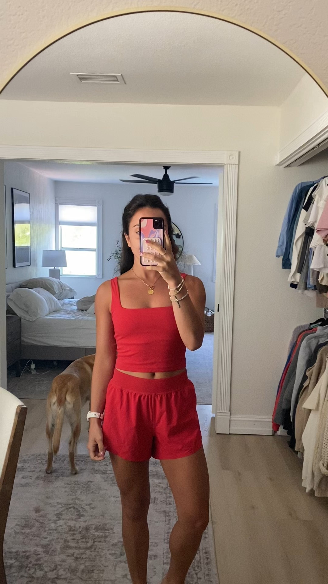 Walk outfit of the day! CRZ yoga dolphin hem running shorts and square neck tank top in deep red! Workout set, matching set, running shorts, affordable activewear 

#LTKFindsUnder50 #LTKActive #LTKStyleTip