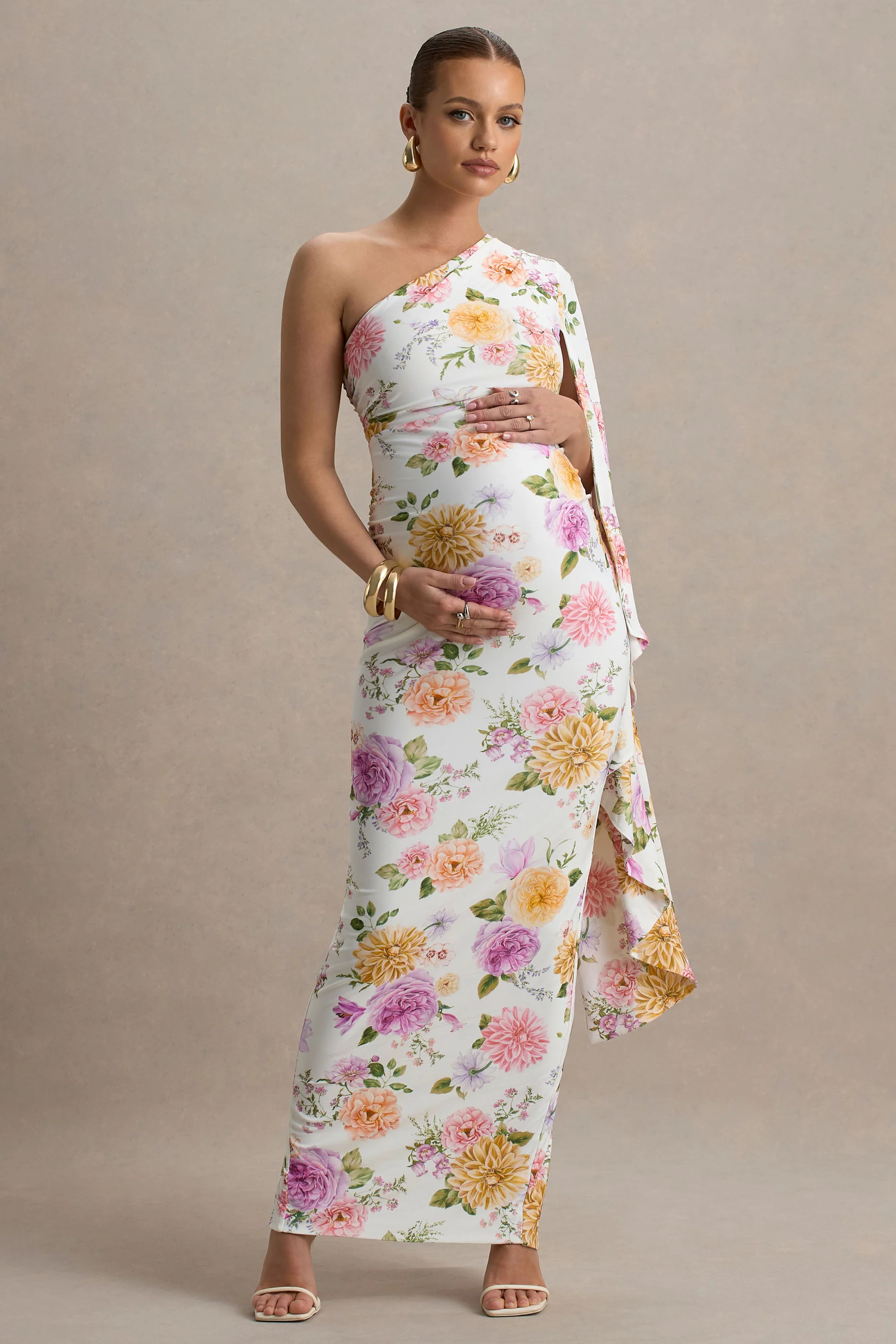Aliana | Peach And Lilac Floral Print Asymmetric Maternity Maxi Dress With Ruched Detailing | Club L London