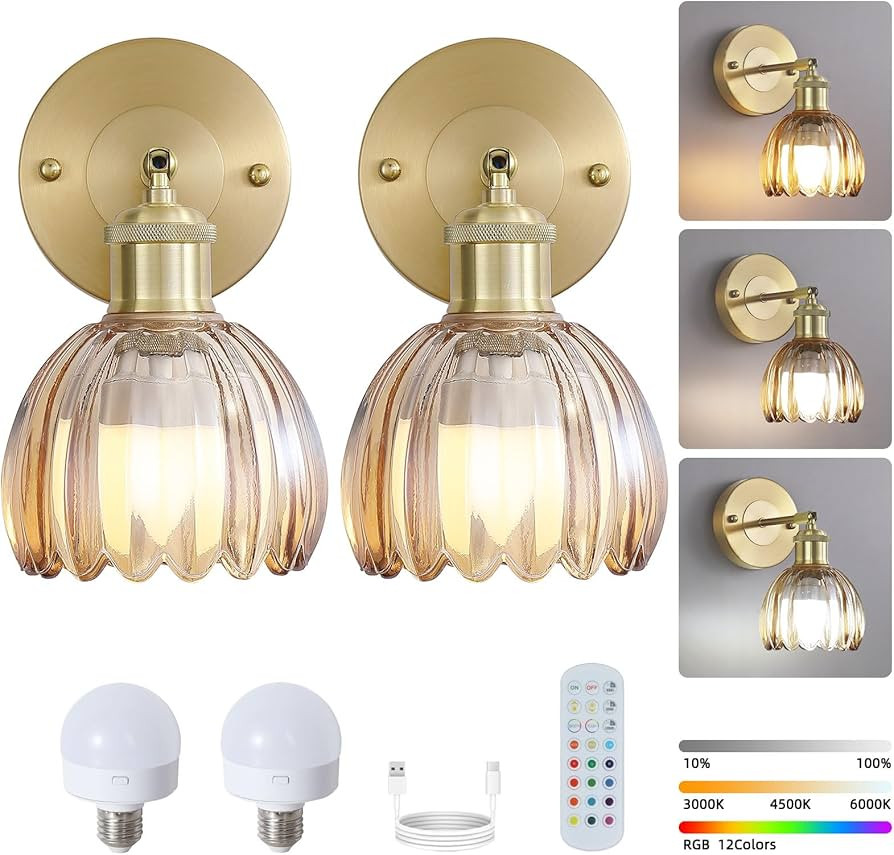 Vintage Battery Operated Wireless Wall Sconces, Rechargeable Gold Wall Lights，Amber Tulip Glass... | Amazon (US)