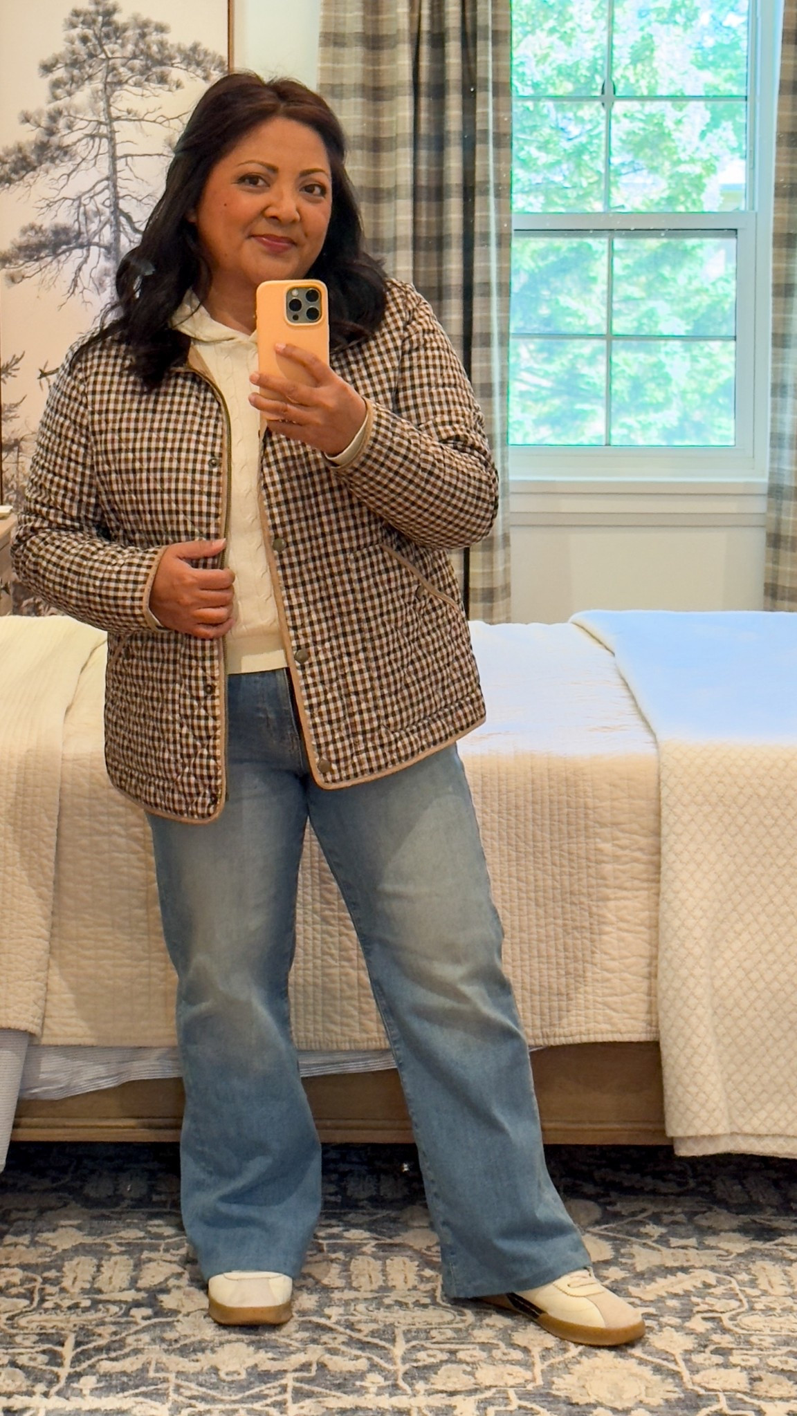 Fall outfit with plaid jacket, casual outfit, weekend wear | barn coat, gingham coat, plaid jacket, jeans, cable knit hoodie, fall sweater, cow haan shoes, lifestyle sneaker 

#LTKpetite #LTKfall #LTKjeans